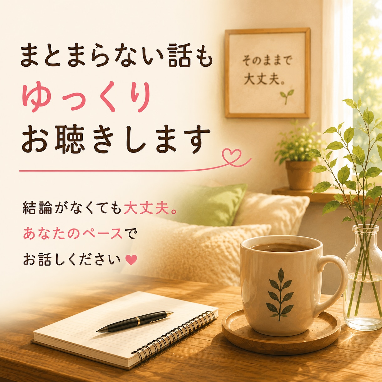 まとまらない話もゆっくりお聴きしますます 結論がなくても大丈夫。あなたのペースでお話しください イメージ1