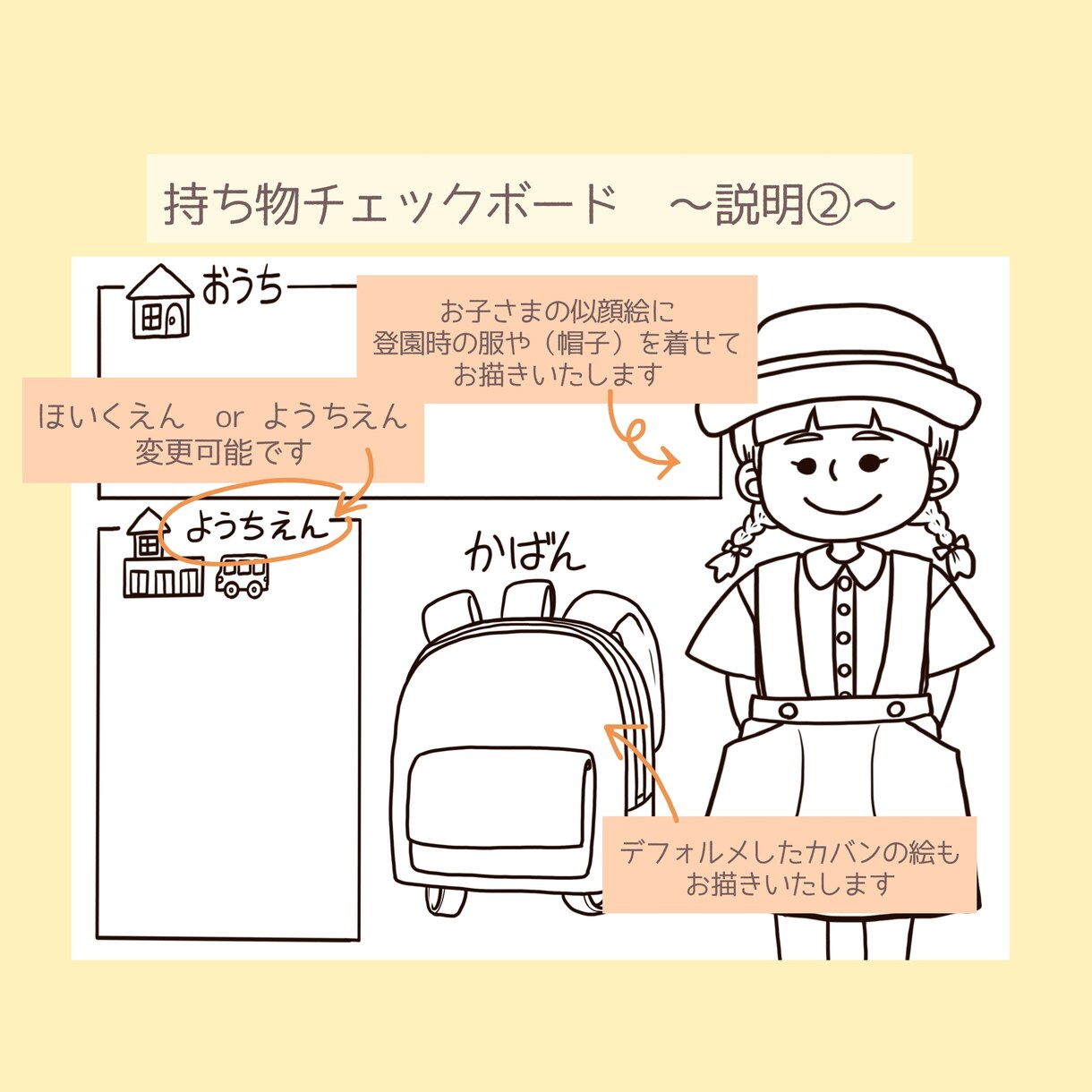 お子様の似顔絵つき持ち物チェックボードを作成します 保育園幼稚園の朝のお支度にぜひお使いください！（送料込み） イメージ4