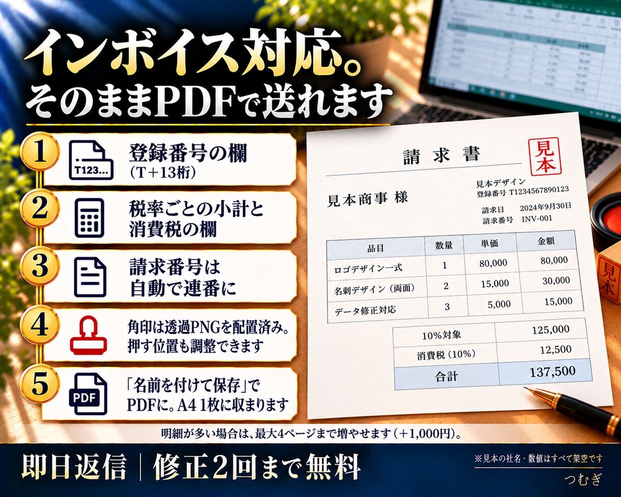 即日対応！請求書・見積書のExcelを作ります 即日返信。3,000円で角印込み・自動計算・インボイス対応 イメージ3