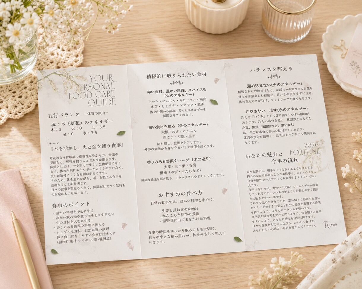 生年月日で体質・食事・運勢を鑑定します 数値で見える五行診断と実践的な食養生アドバイス イメージ1