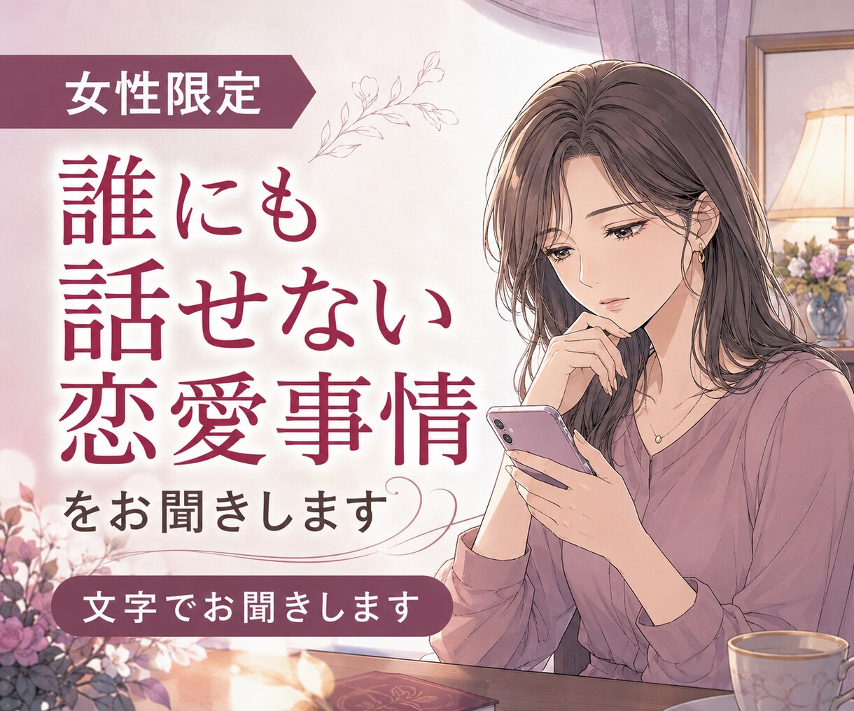 女性限定｜誰にも話せない恋愛事情をお聞きします 複雑な関係も否定せず、男性目線を交えて一緒に整理します イメージ1