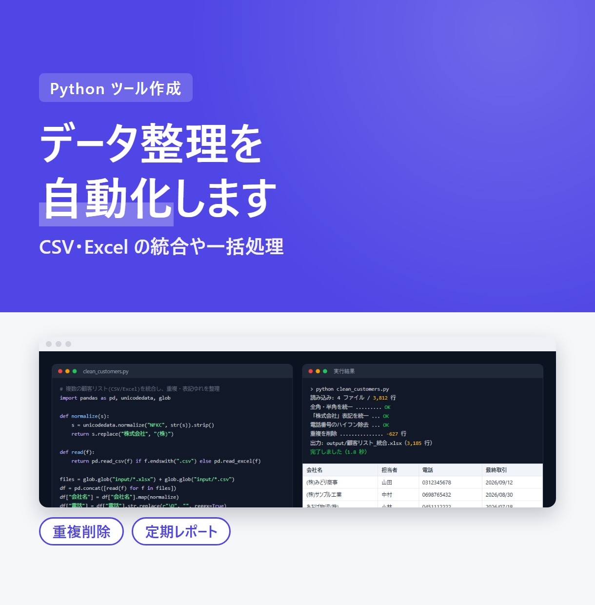 Pythonでデータ整理や一括処理を自動化します CSV・Excelの統合、重複削除、定期レポートを自動で イメージ1
