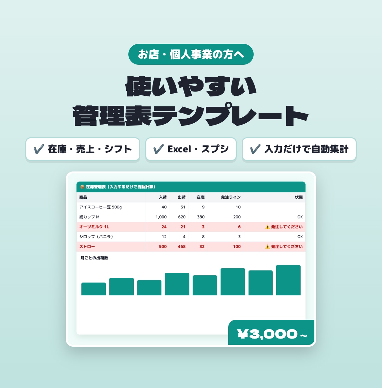 管理表のテンプレートを作ります 在庫・売上・シフト表をExcel/スプシで イメージ1
