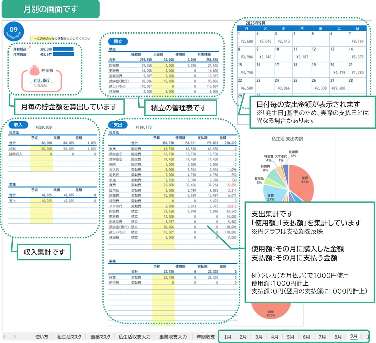 Excel家計簿≫クレカ支払月に自動集計します キャッシュレス派の方におすすめ！入力シンプル！ イメージ6