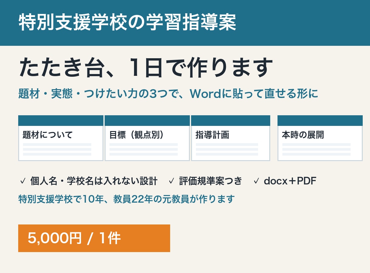 特別支援の学習指導案、たたき台を1日で作ります 題材・実態・つけたい力の3つで、Wordに貼って直せる形に イメージ1