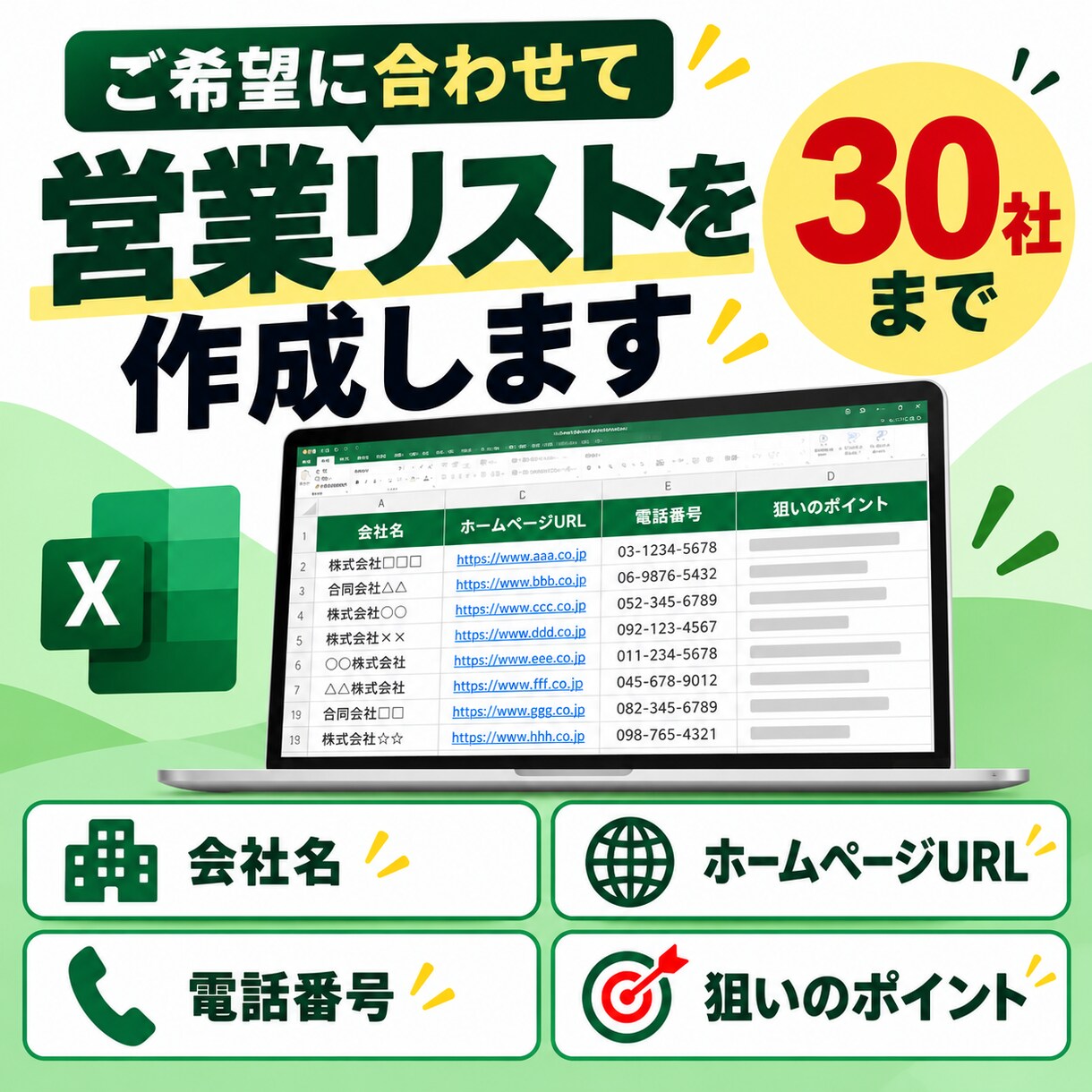 ご希望に合う営業先リスト30社を作成します 営業の狙いを伺い、候補企業を厳選してExcel納品 イメージ1