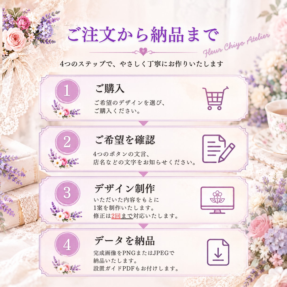 やさしい花の４分割LINEリッチメニュー製作します サロンやお教室に似合う、やさしくて上品な花デザイン イメージ6
