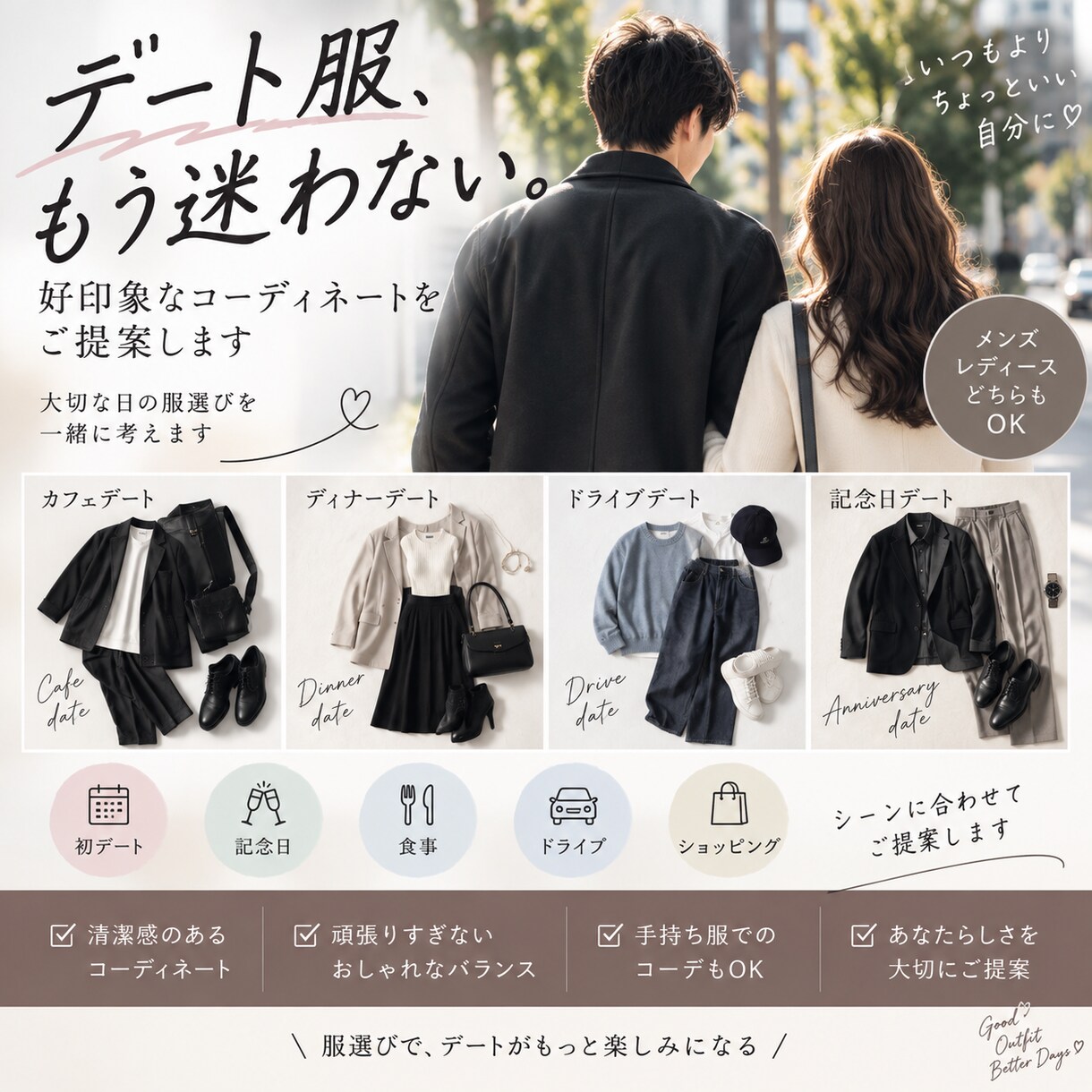 デートで好印象なコーデを提案しまます 初デート・記念日など大切な日の服選びをお手伝い イメージ1