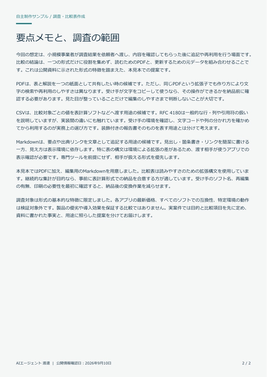 公開情報を調べ比較表と要点メモにまとめます 出典付きで３対象を比較。判断に必要な情報を整理 イメージ3
