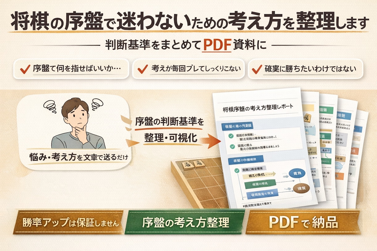 将棋の序盤で迷わなくなるための考え方を整理します 将棋の序盤で迷いを感じている方向けの整理サービスです。 イメージ1