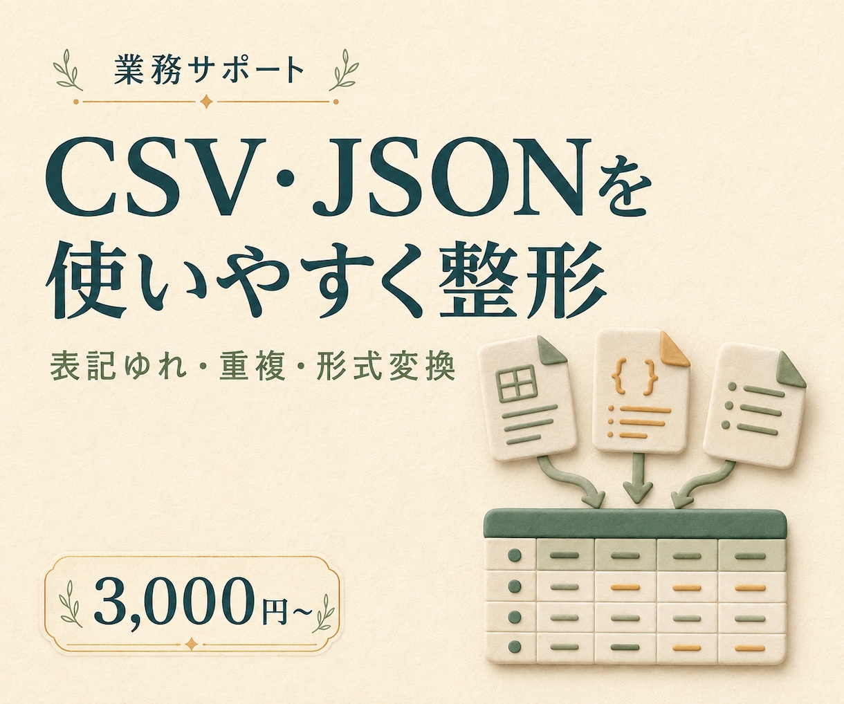 CSVやJSONを使いやすい形式に整えます 表記ゆれ・重複を整理し変換済みデータを納品 イメージ1