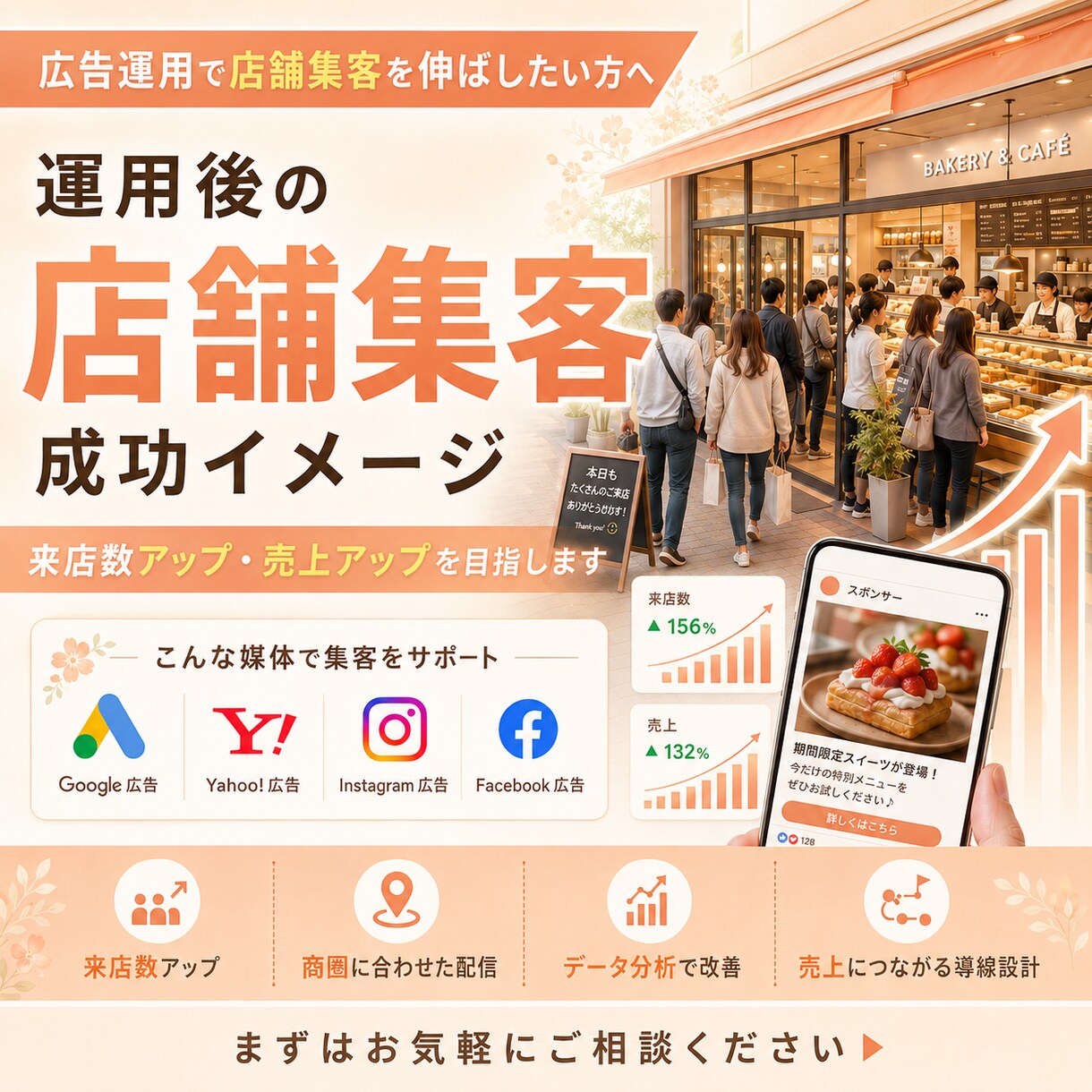 Instagram広告で店舗認知UP来店促進します 初回限定割引！月額3万円で実績豊富な広告運用サポート イメージ1