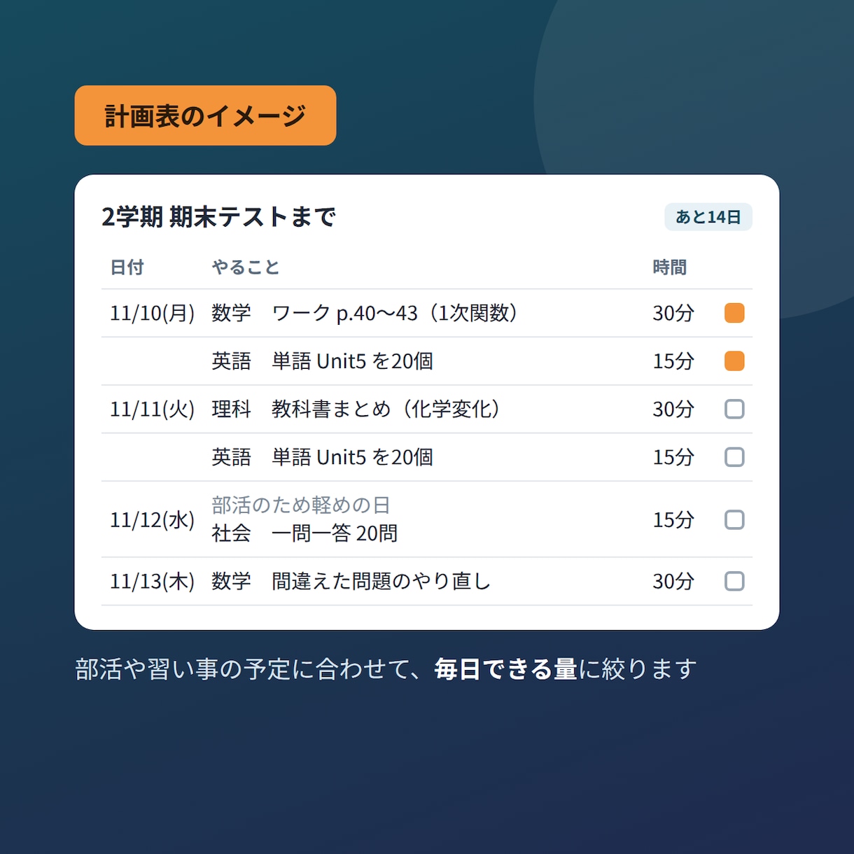 中学生の定期テスト・受験の勉強計画表を作ります 塾講師歴12年｜お子さまの成績と予定に合わせて作成 イメージ2
