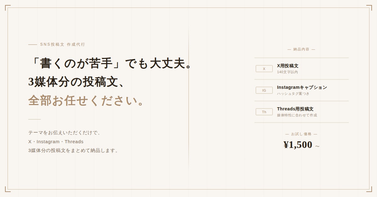 3媒体分のSNS投稿文を作成します 伝えたいことを形にします。X・他、まとめて対応します。 イメージ2