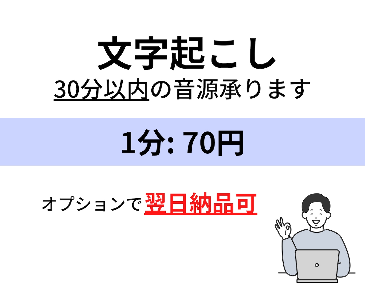 翌日納品も可・30分以内の音声を文字起こしします 短い音源をスピード納品！ お急ぎの方もご利用ください！ イメージ1