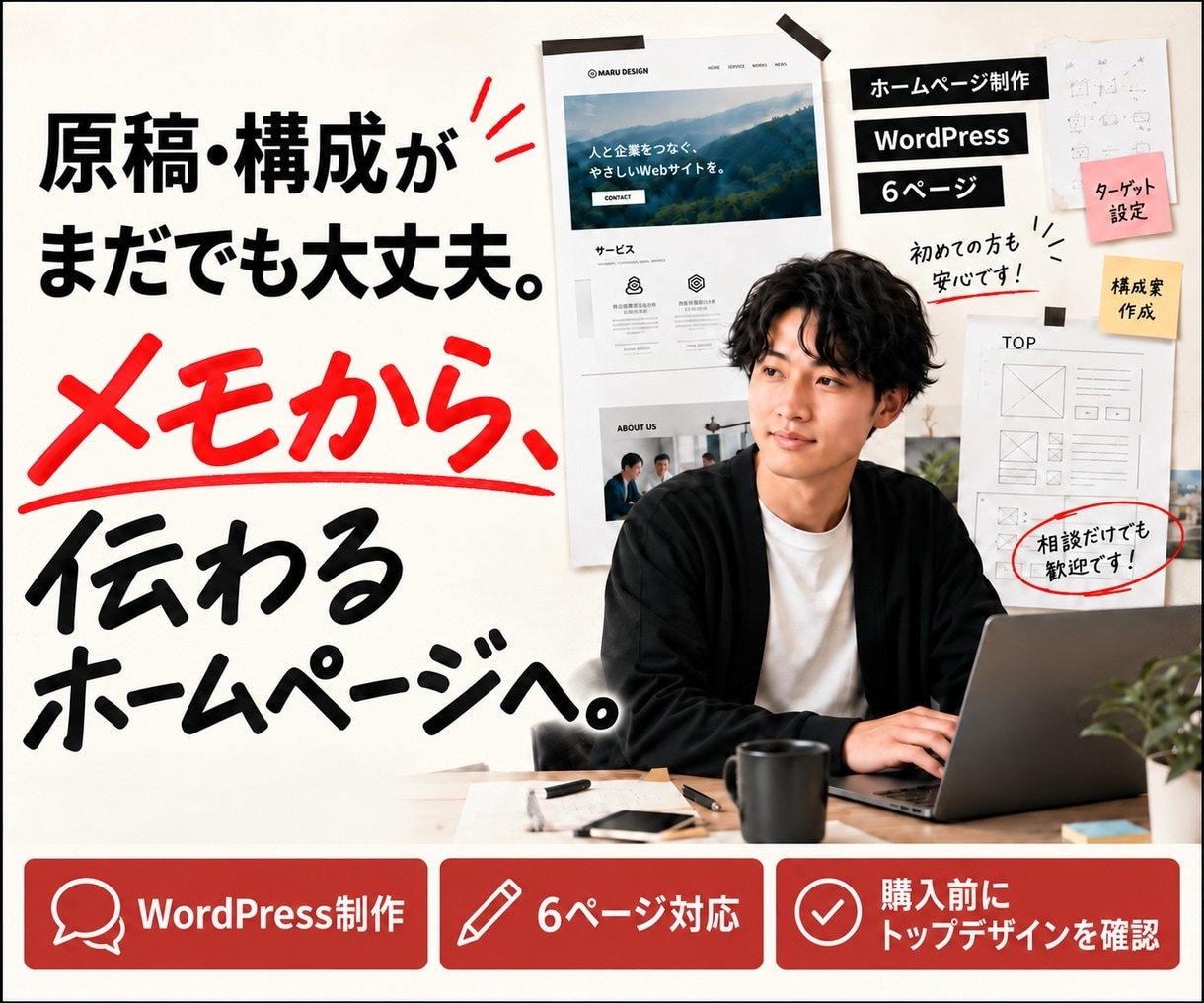 WordPressホームページを文章から作ります 原稿はメモでOK｜6ページ・購入前デザイン確認 イメージ1