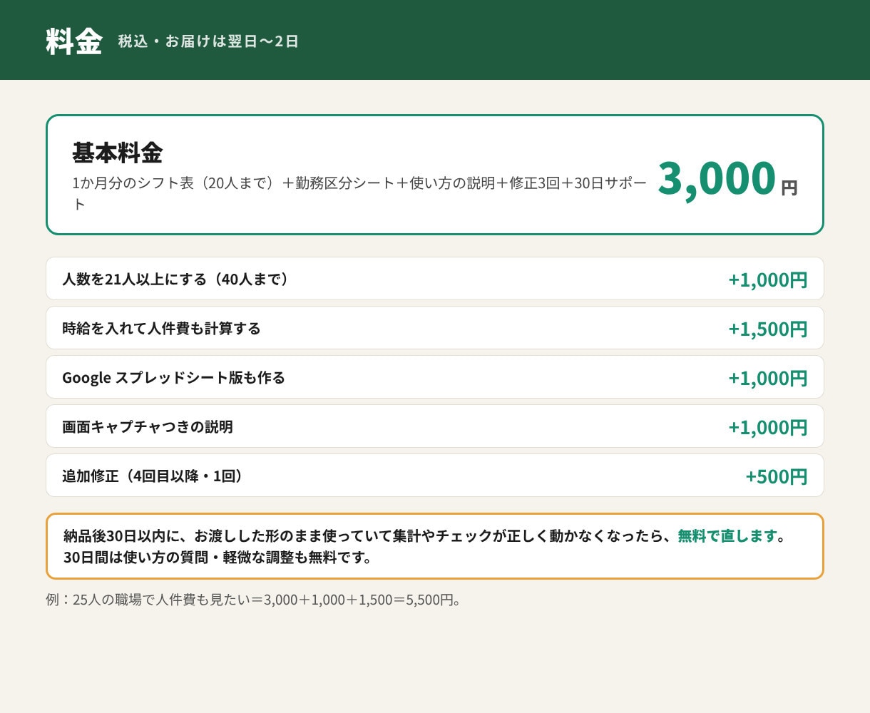 シフト表を記号入力だけで自動集計にします 購入前に集計の画面を無料で確認。今ある表の直しも イメージ5