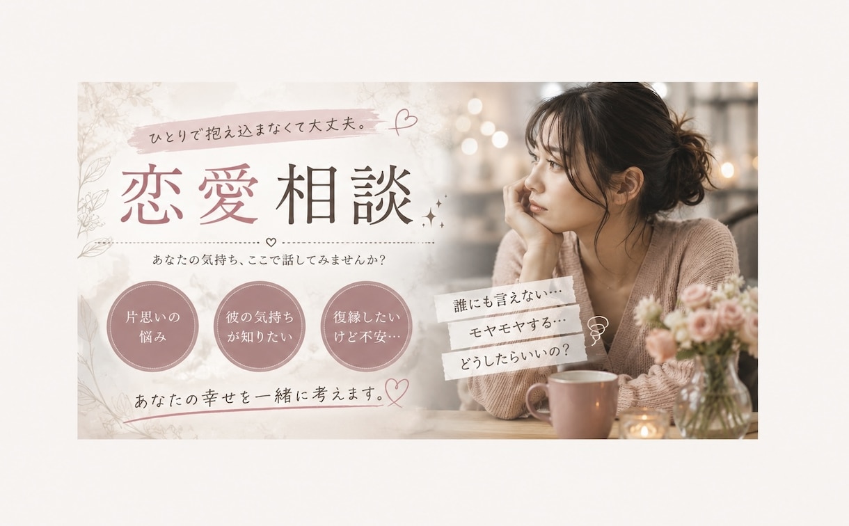 恋愛の悩み、ゆっくりお聞きします 話すだけでも、気持ちは少し軽くなる。 イメージ1