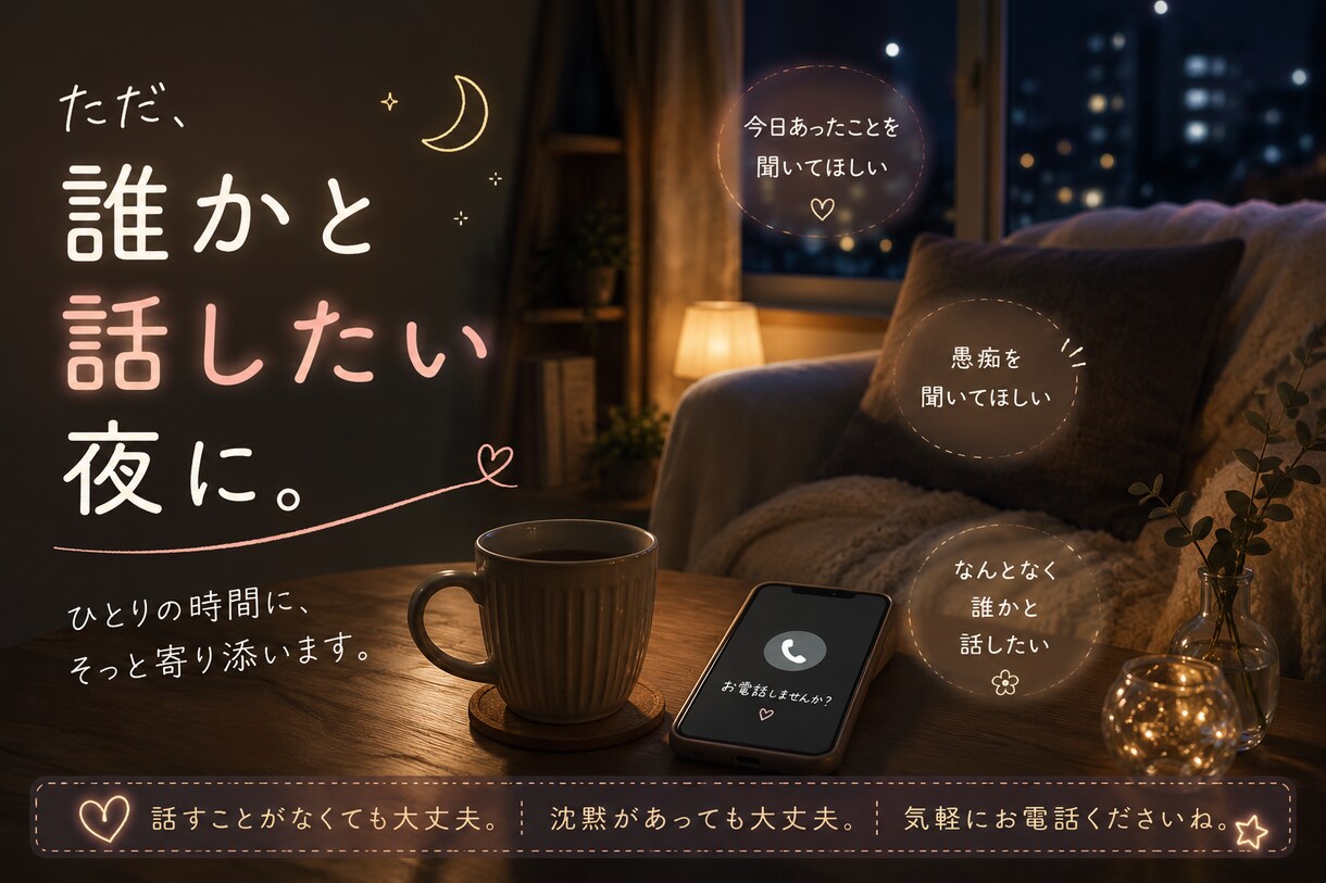 何でも気軽にお話しを聞き、お話し相手になります 理由はいりません。あなたのそばに寄り添いたいです。 イメージ2