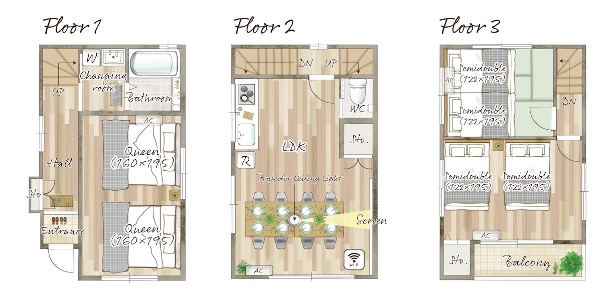 家具付⭐︎戸建、民泊用手描き風間取り図作成します 家具や床材、寝具など再現します イメージ4