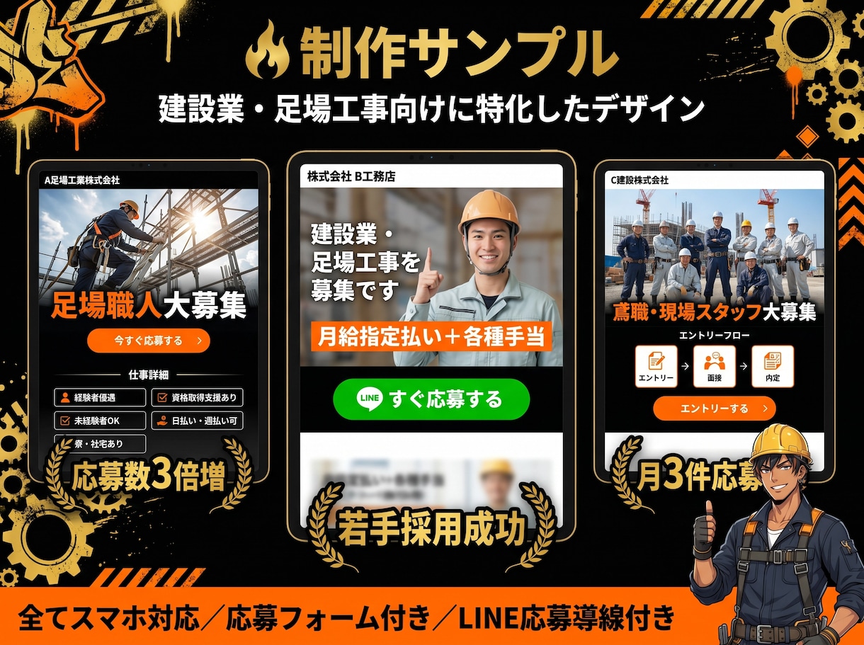 足場・鳶職専門の採用LPを制作します LINE対応・最短翌月・スマホ最適化・画像選定・丸ごとお任せ イメージ3