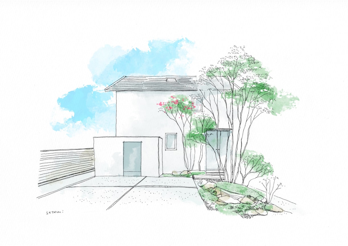 ペン画で外観パース作成します 植栽イメージも伝わる　飾れるイラストパース イメージ1