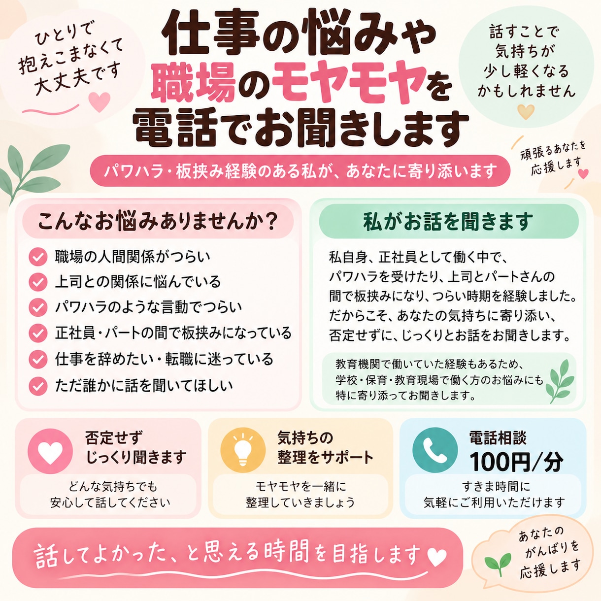 仕事の悩みやモヤモヤを電話でお聞きします 仕事のことを、誰かに話して少し気持ちを整理してみませんか？ イメージ2