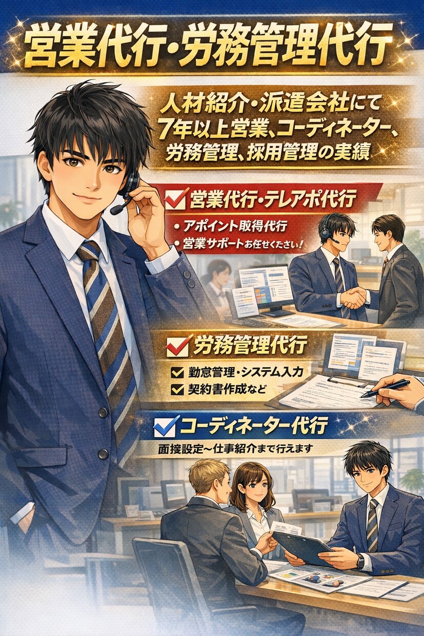駆け出しの今お任せを！あなたの大切な会社を助けます 採用代行、コーディネーター代行、労務管理代行、テレアポ イメージ1