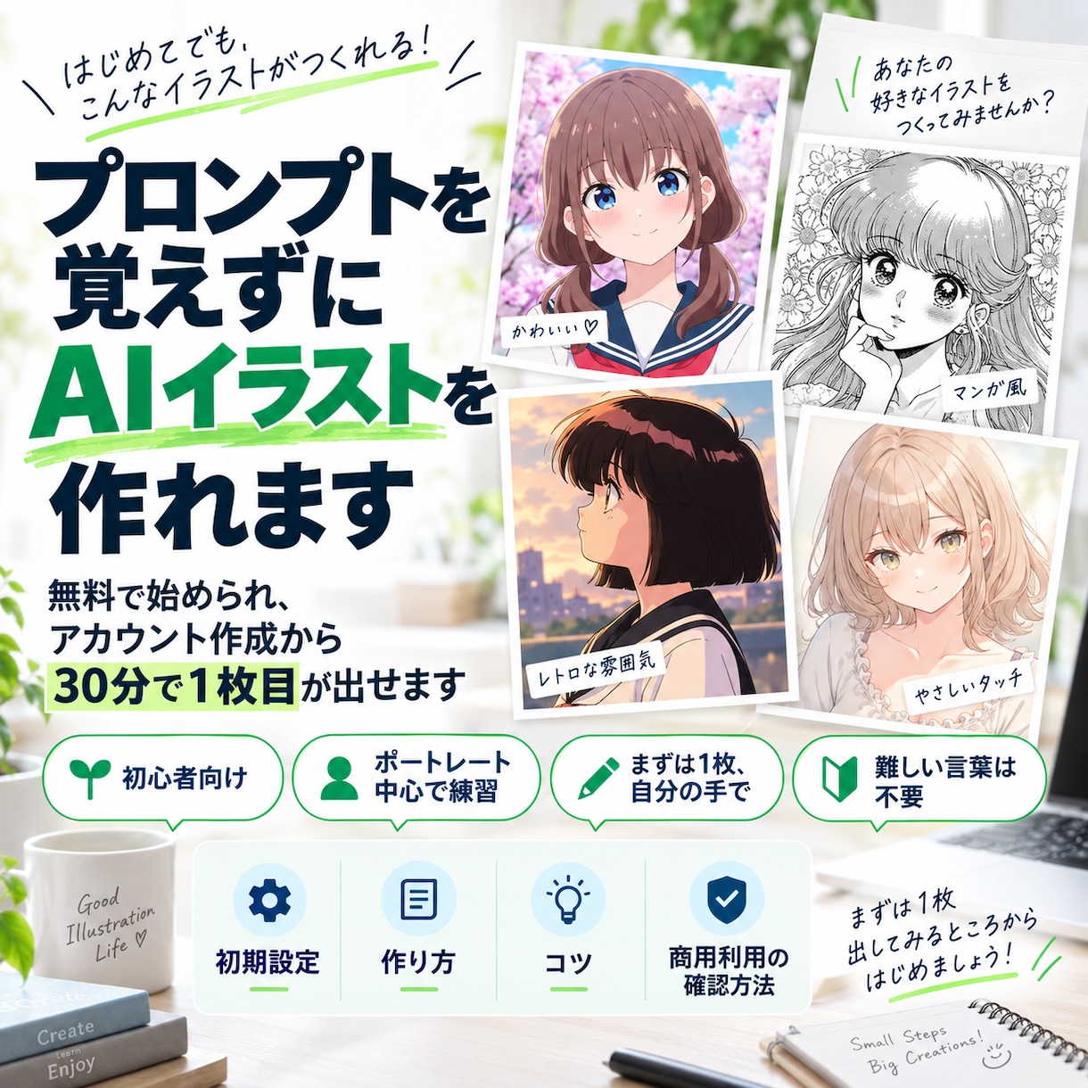 プロンプトを覚えずにAIイラストを作れます 無料で始められ、アカウント作成から30分で1枚目が出せます イメージ1