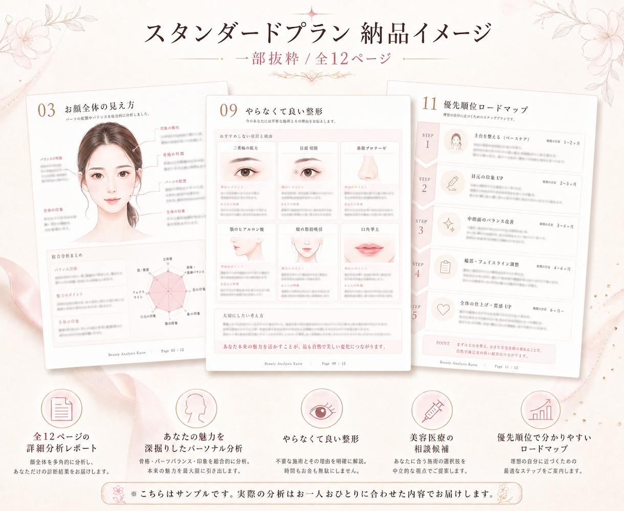 顔写真から美容整形アドバイス顔分析資料を作成します 整形以外で出来ることと美容整形を分けて、必要な美容をご提案 イメージ3