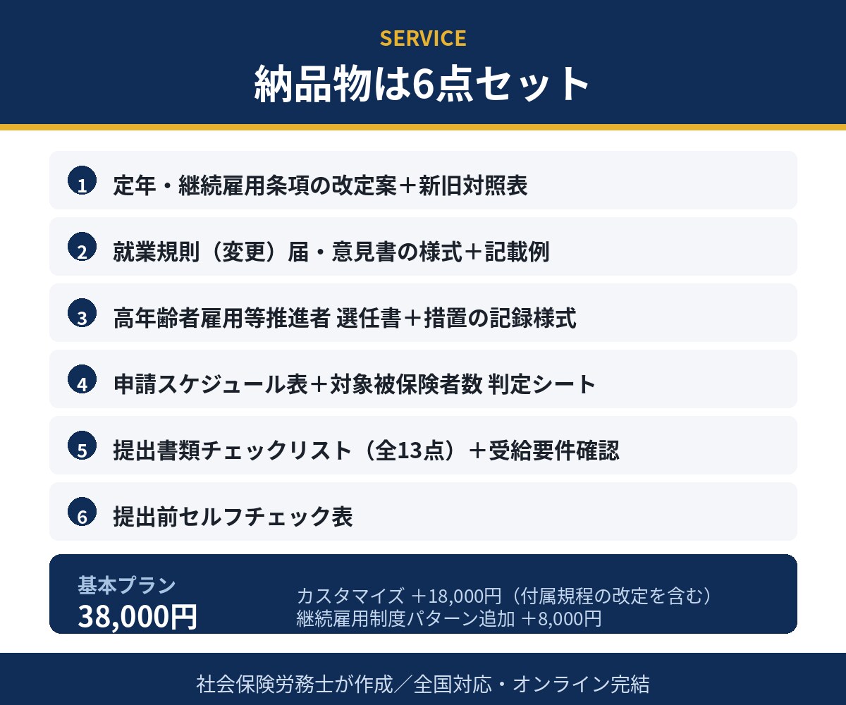 65歳超雇用推進助成金対応の就業規則を改定します 定年引上げ・定年廃止・継続雇用の規程を一式で イメージ6