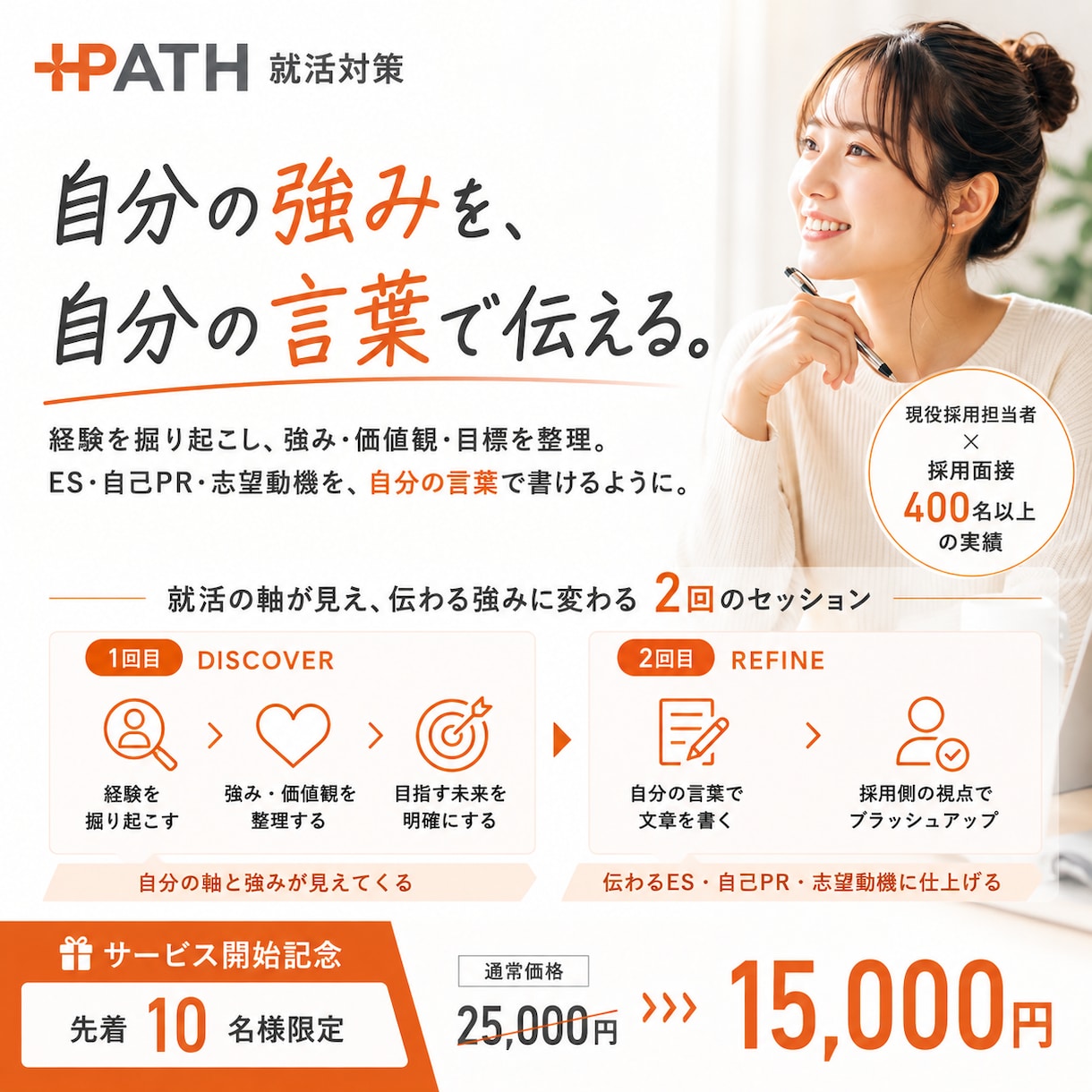 強みを言葉にし、伝わるES・自己PRを磨きます 現役採用担当者×400名超の面接経験で実践支援！ イメージ1