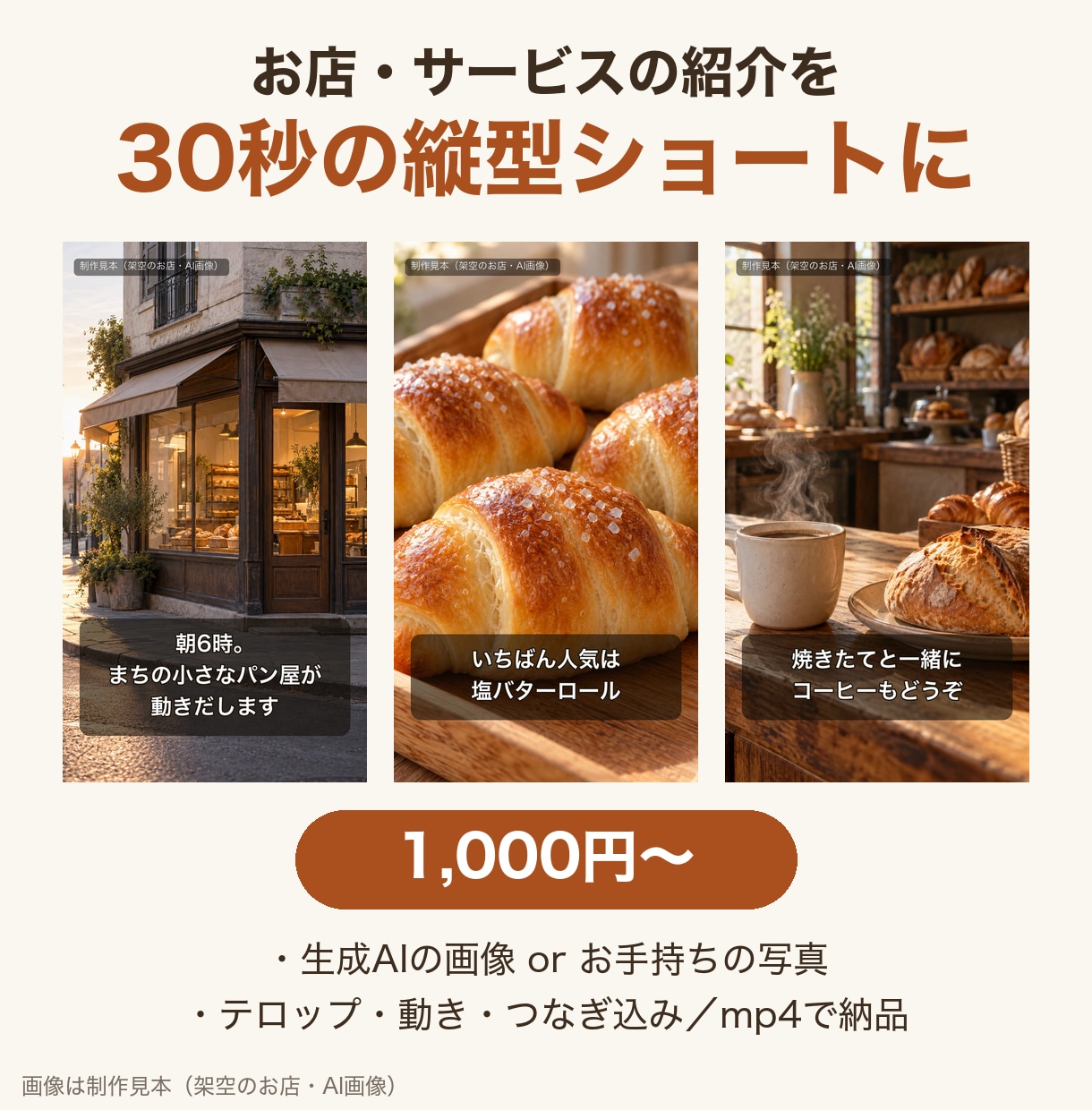 AI画像とテロップで30秒の縦型紹介動画を作ります お店やサービスの紹介を、スマホ向けの縦型ショートに イメージ1