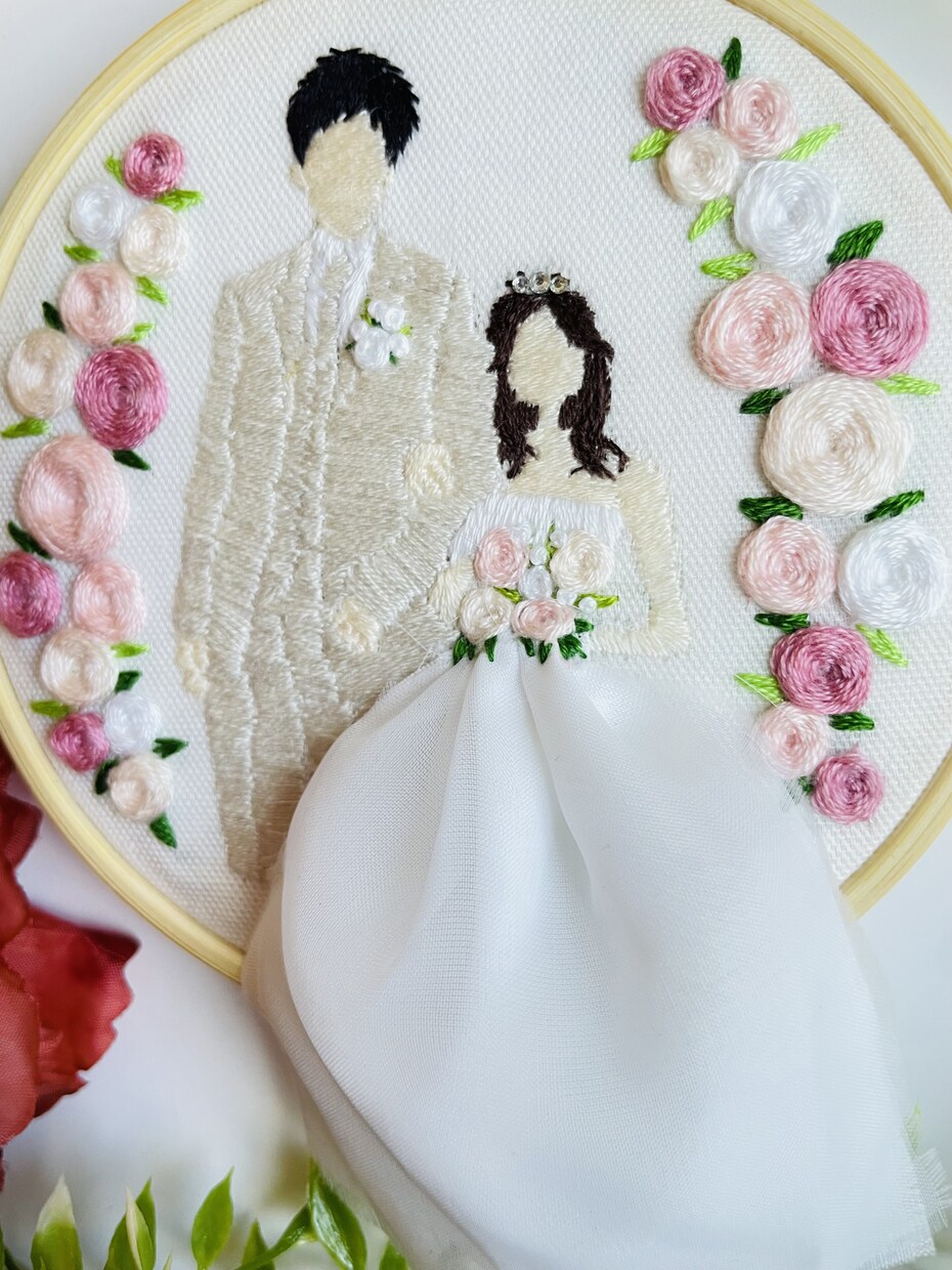 直径10cmに素敵なウエディングフォト刺繍します ウエディングドレスの思い出や結婚祝いにピッタリです。 イメージ2