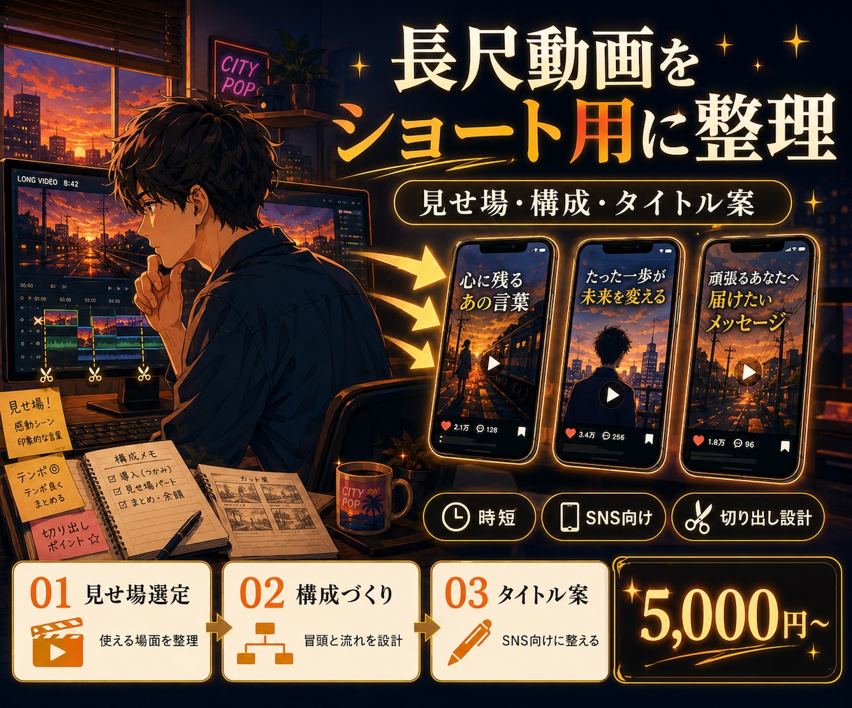 長尺動画をショート用に整理します SNSで使いやすい見せ場・構成・タイトルを整理します イメージ1
