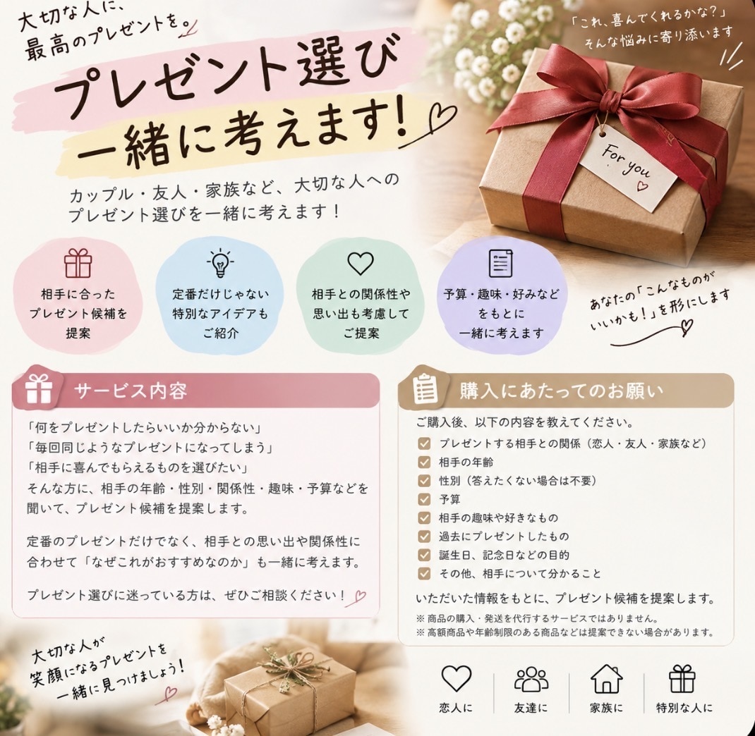 プレゼントにお悩みの方にお助けします 家族や友達、異性に何をあげたらいいか分からない人に！ イメージ1