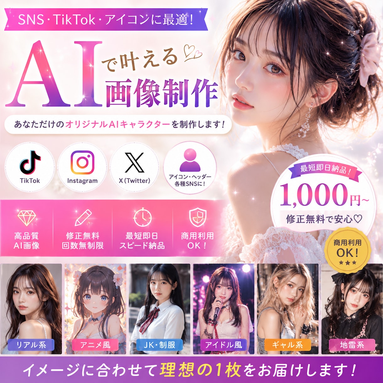 最短即日でSNS向けAI美女画像を制作します 「こんな女の子が欲しい」を形に。AI美女画像を制作します！ イメージ1