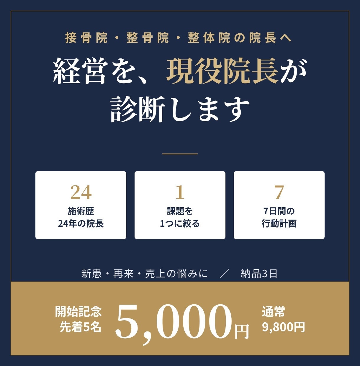 接骨院・整骨院の経営を現役院長が診断します 施術歴24年の院長が課題を1つに絞り7日間の行動計画まで イメージ1