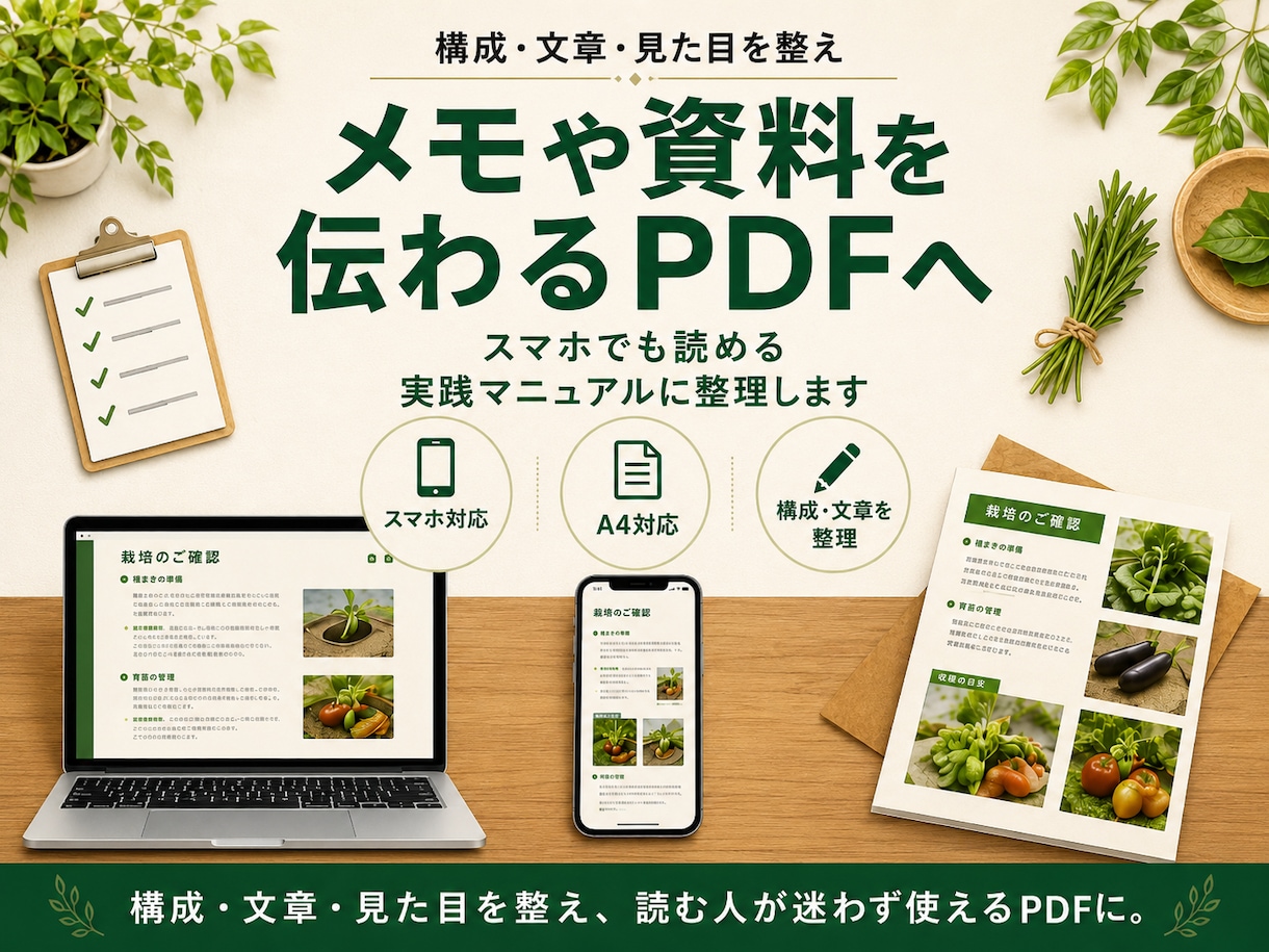メモや資料を読みやすいPDFに整理します 構成・文章・見た目を整え、スマホでも伝わる資料へ イメージ1