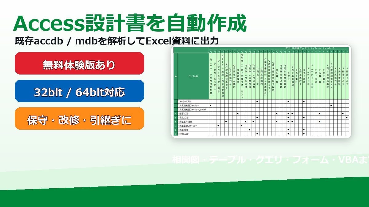 既存Accessシステムの設計書を作成します 既存ACCDB/MDBをExcel資料化 イメージ1
