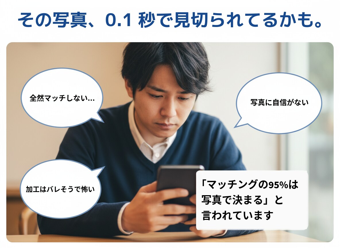 マッチングアプリのプロフ写真、劇的に変えます "いいね"が止まらない。1枚の平凡な写真→魅力的な写真５枚に イメージ3