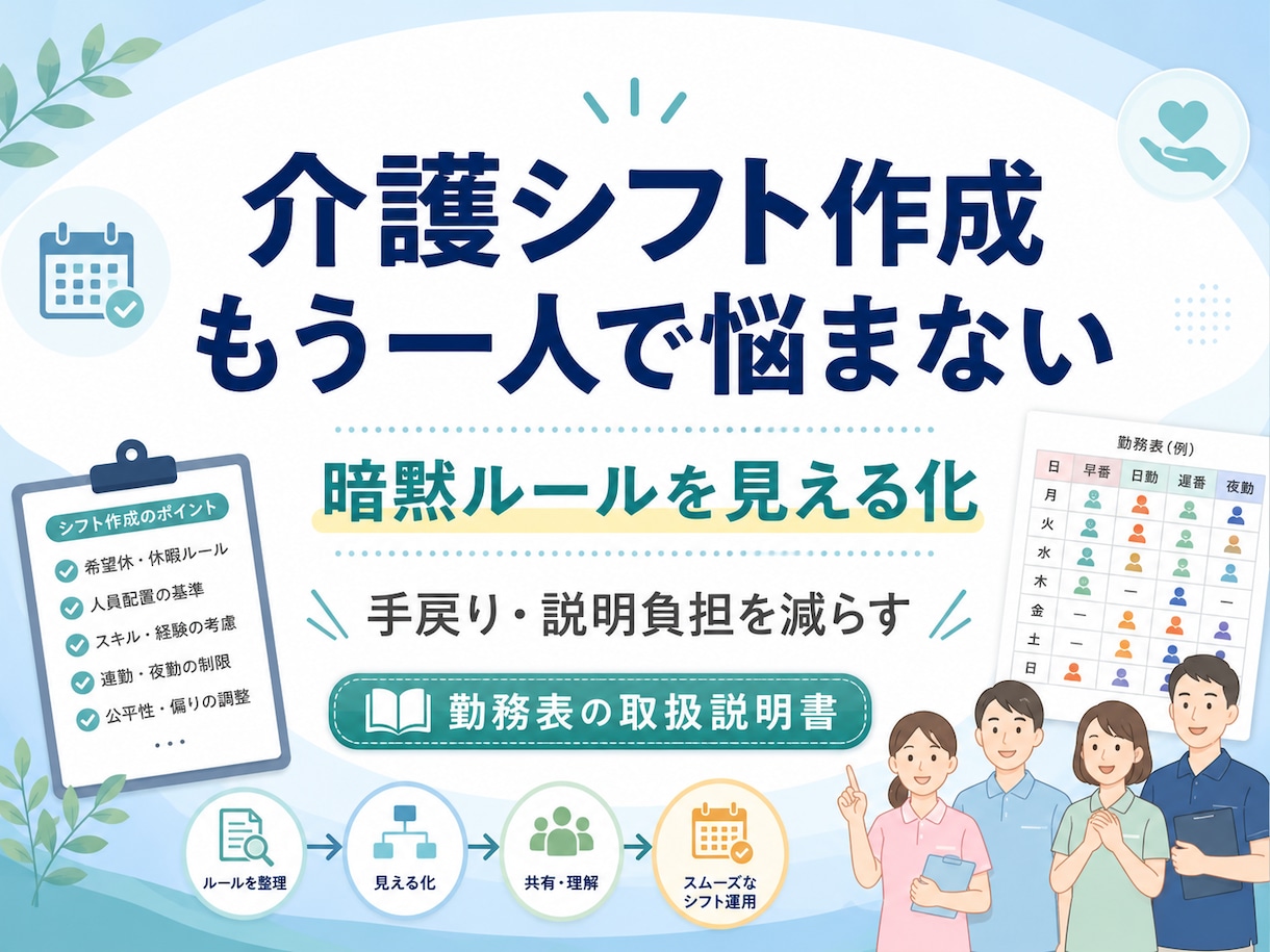 介護シフト作成の負担を減らします 希望休と運用ルールから仮組みし、作りにくい原因を整理します イメージ1