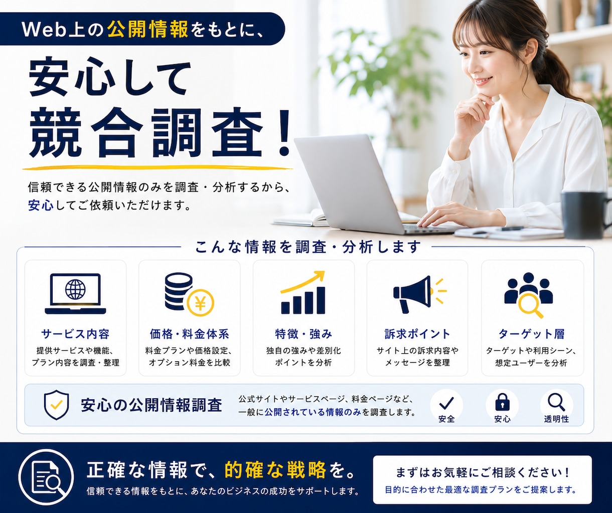 競合サイト・サービスを比較調査します 公開情報から価格・特徴・強みの違いを整理します イメージ7
