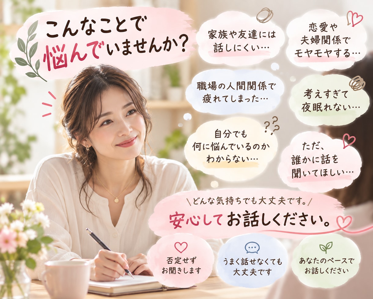 誰かに話を聞いてほしい…心のモヤモヤに寄り添います うまく話せなくても大丈夫。あなたの気持ちを聞きいて整理します イメージ1