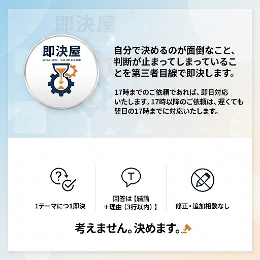 値段、名前、行動、なんでも。迷ってること即決します 迷ってる時間がもったいない。今日中に、結論だけ出します。 イメージ1