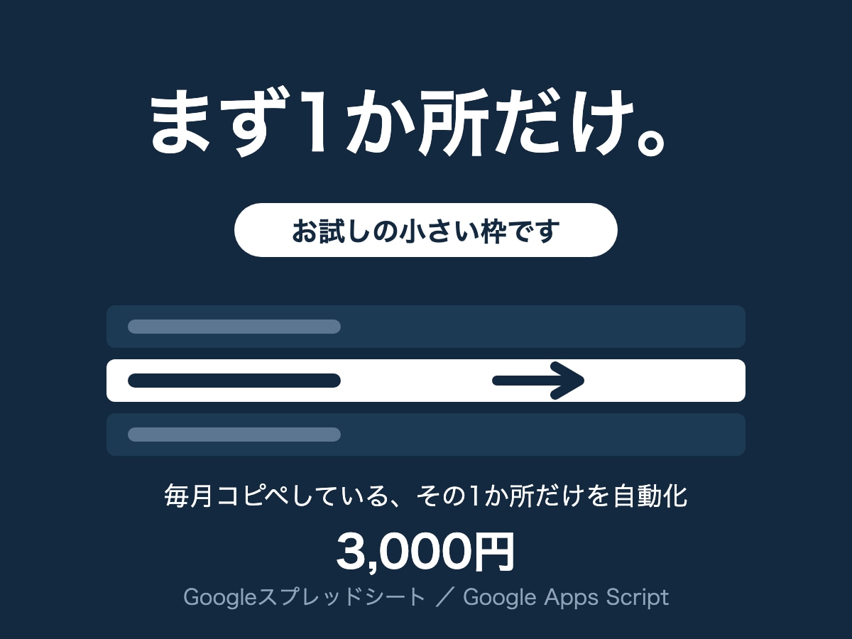 スプレッドシートの自動化を1か所だけ作ります まず1か所だけ。お試しの小さい枠です。 イメージ1
