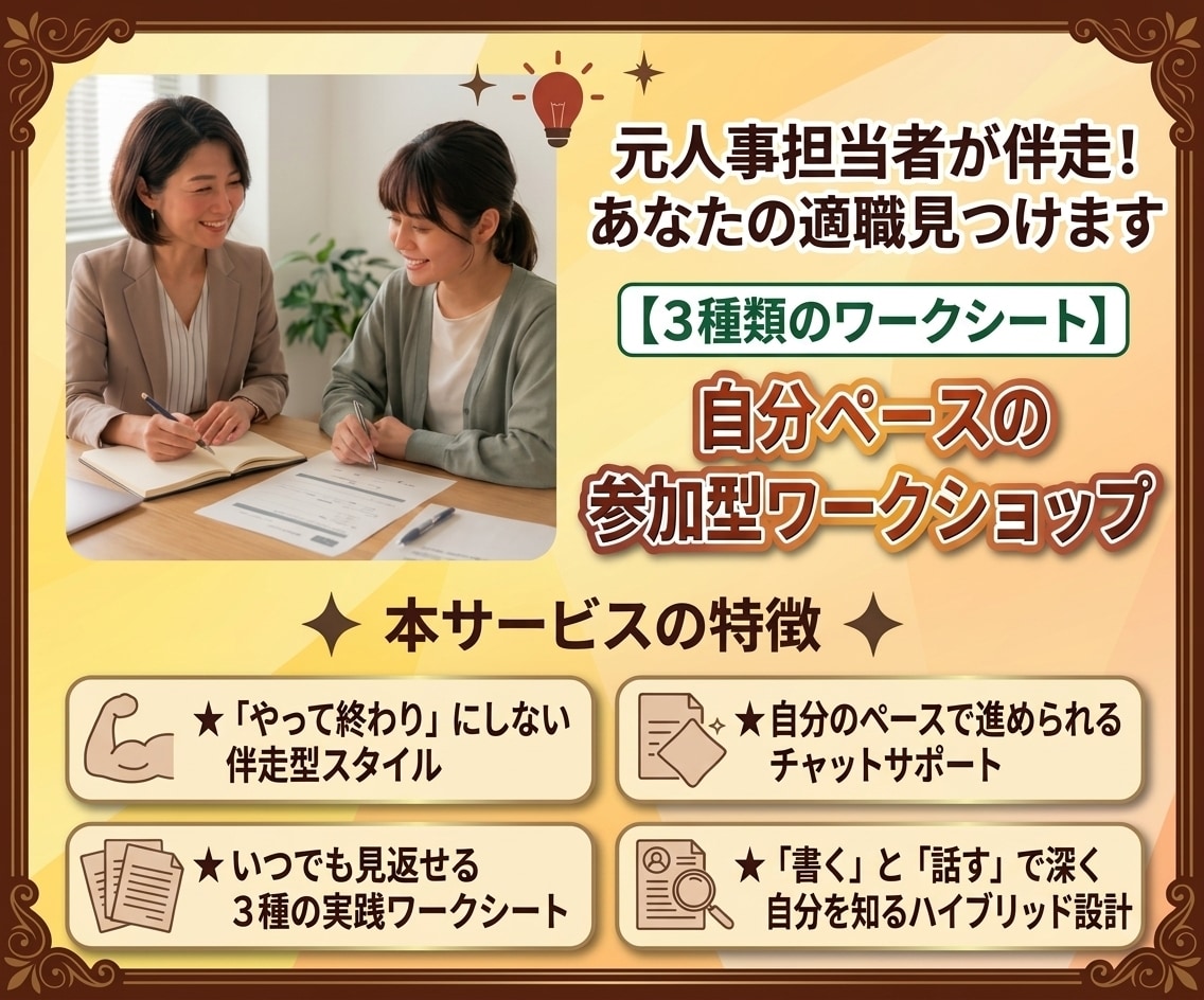 適職発見ワーク！大手外資出身の採用プロが伴走します 3種類の実践シートを使って進めるチャット型ワークショップ イメージ1