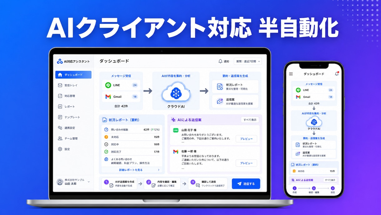 AIクライアント対応半自動化システムを作ります LINE・メールの全文脈をAIが把握｜返信案を自動生成 イメージ1