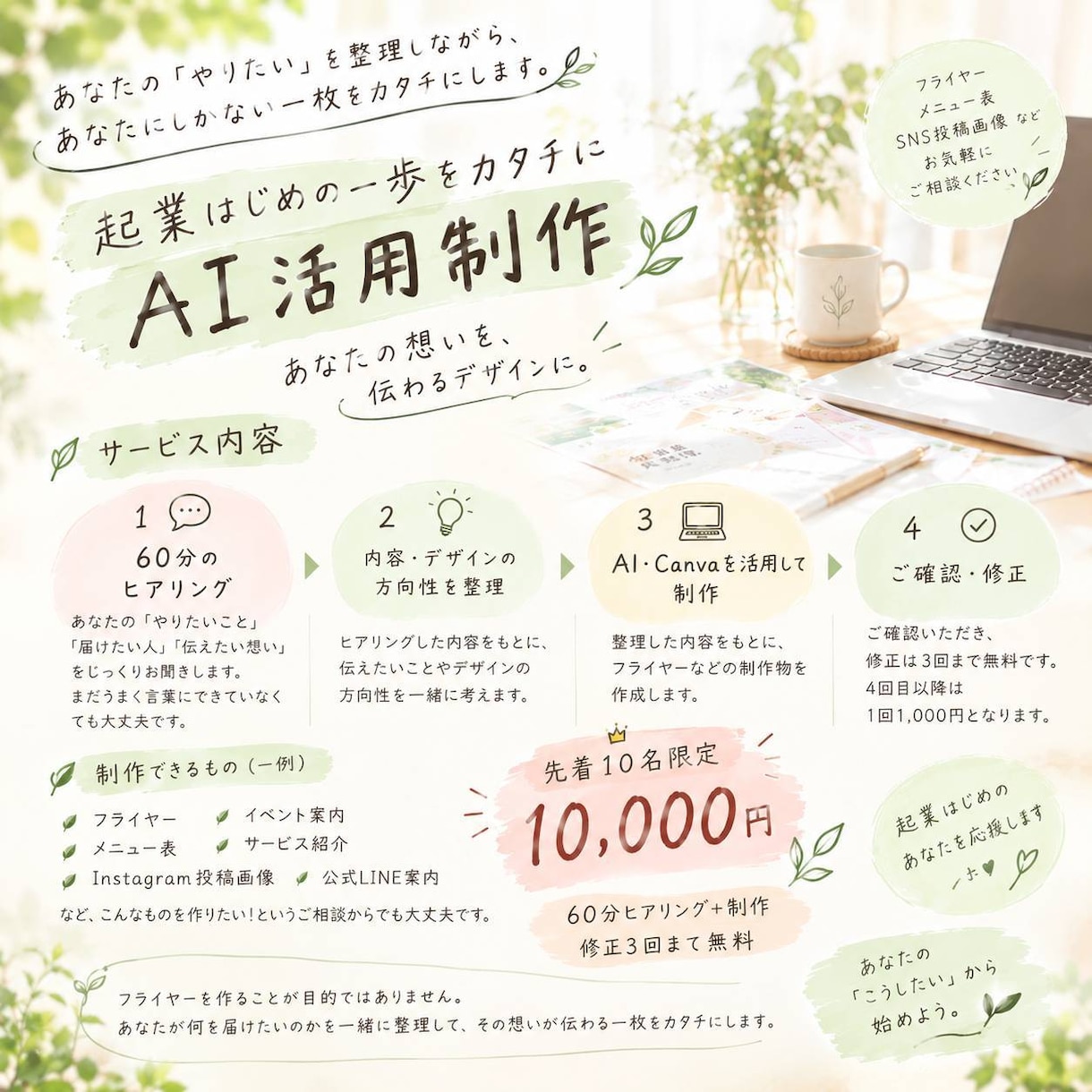 起業はじめの一歩をカタチに｜AI活用制作ます 「やりたい」はある。 でも、どう形にしたらいいかわからない。 イメージ5