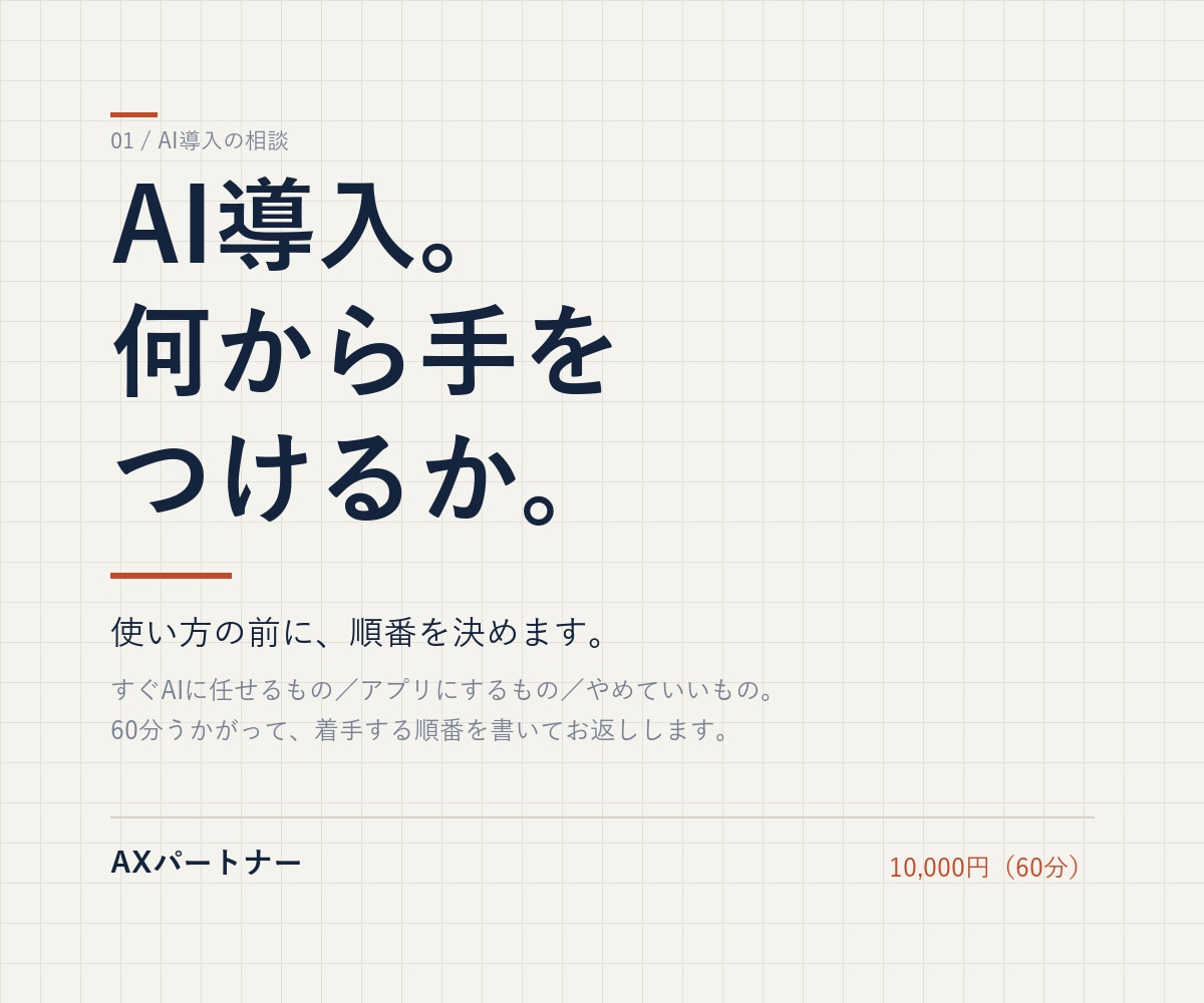 AI導入、何から手をつけるか一緒に整理します 現場を20年見てきた人間が、優先順位をつけます イメージ1